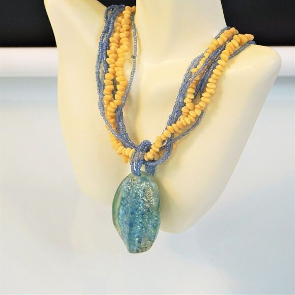 Beaded Statement Necklace Multi Strand White and Blue Accent Fashion Mod - Picture 3 of 7